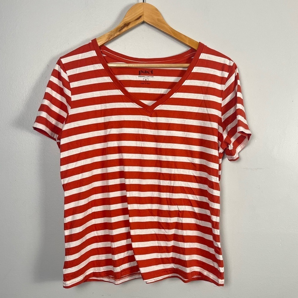 Pact organic cotton stripped vneck orange and white tshirt size medium